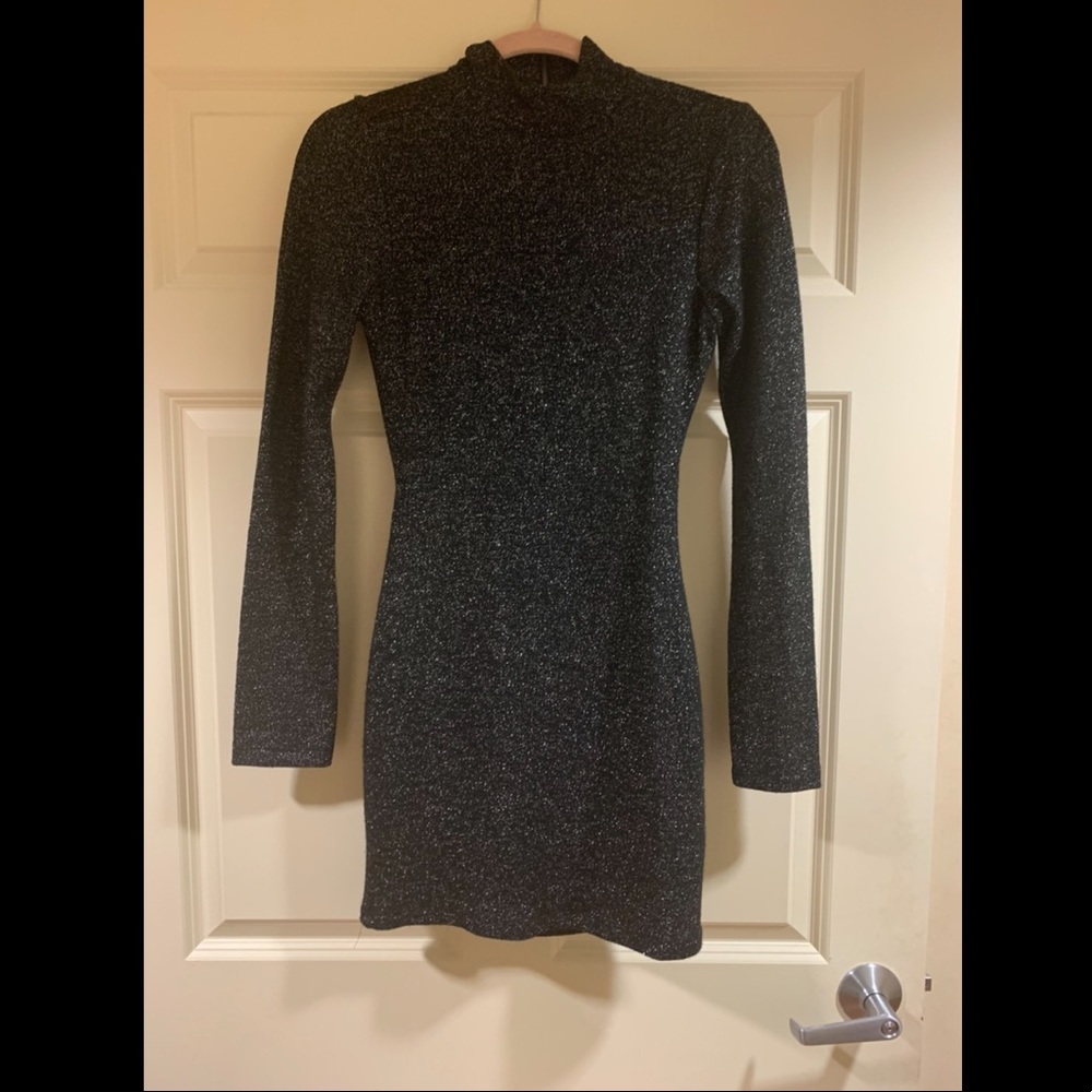 Black and silver body con  turtleneck mini dress